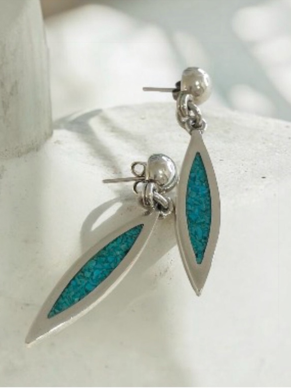 Taxco Sterling Silver Teardrop Turquoise Inlay Dangle Earrings